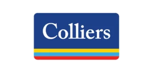 Colliers logo featuring blue background with white text and colorful stripes at the bottom.